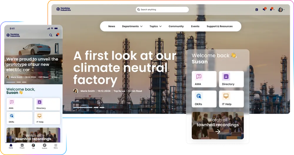 A digital interface showcasing a homepage with industrial background, mobile app view, and user welcome screens for "Susan."