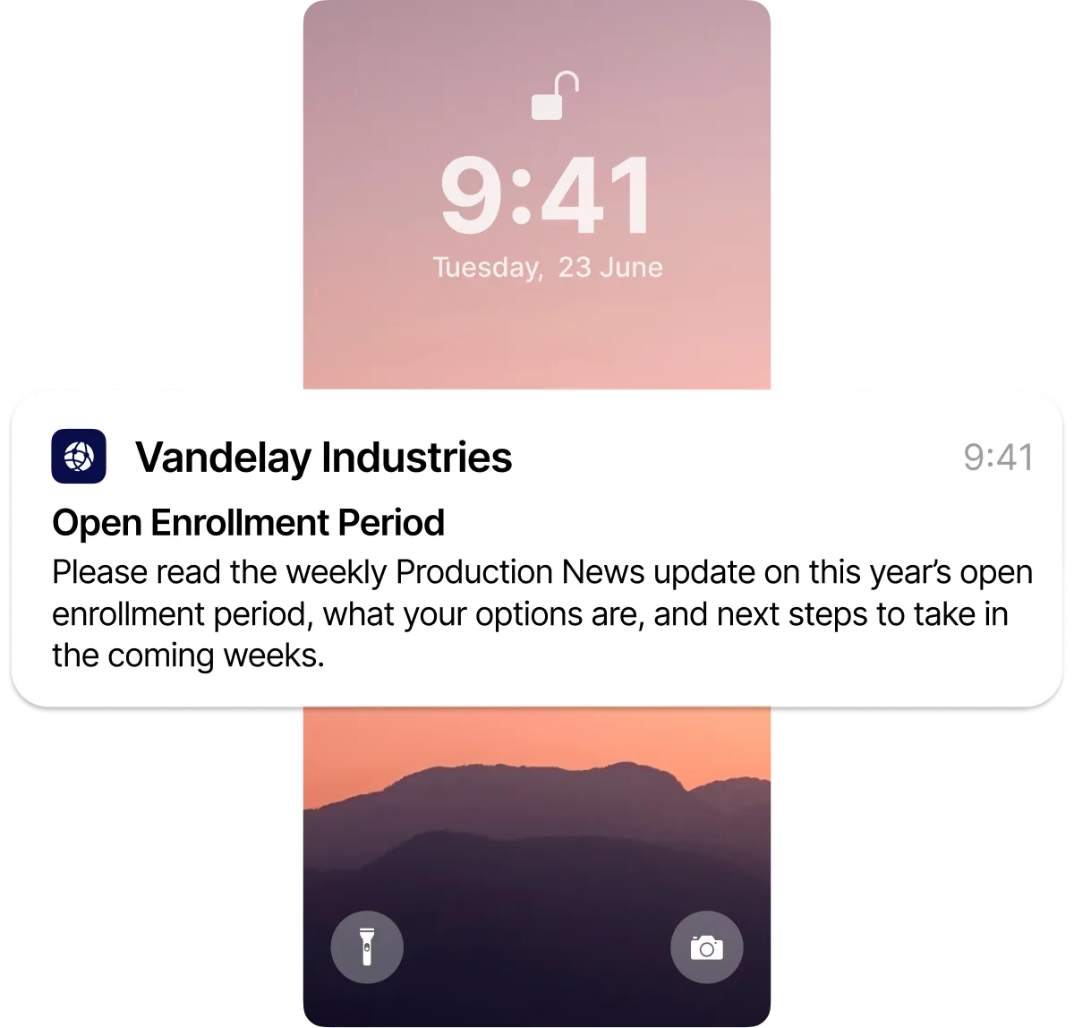 Smartphone lock screen with a notification from Vandelay Industries about open enrollment, displaying the date and time against a sunset background.