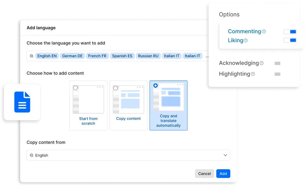 Interface for adding content and language options, with toggles for commenting and liking. Various language choices are displayed.