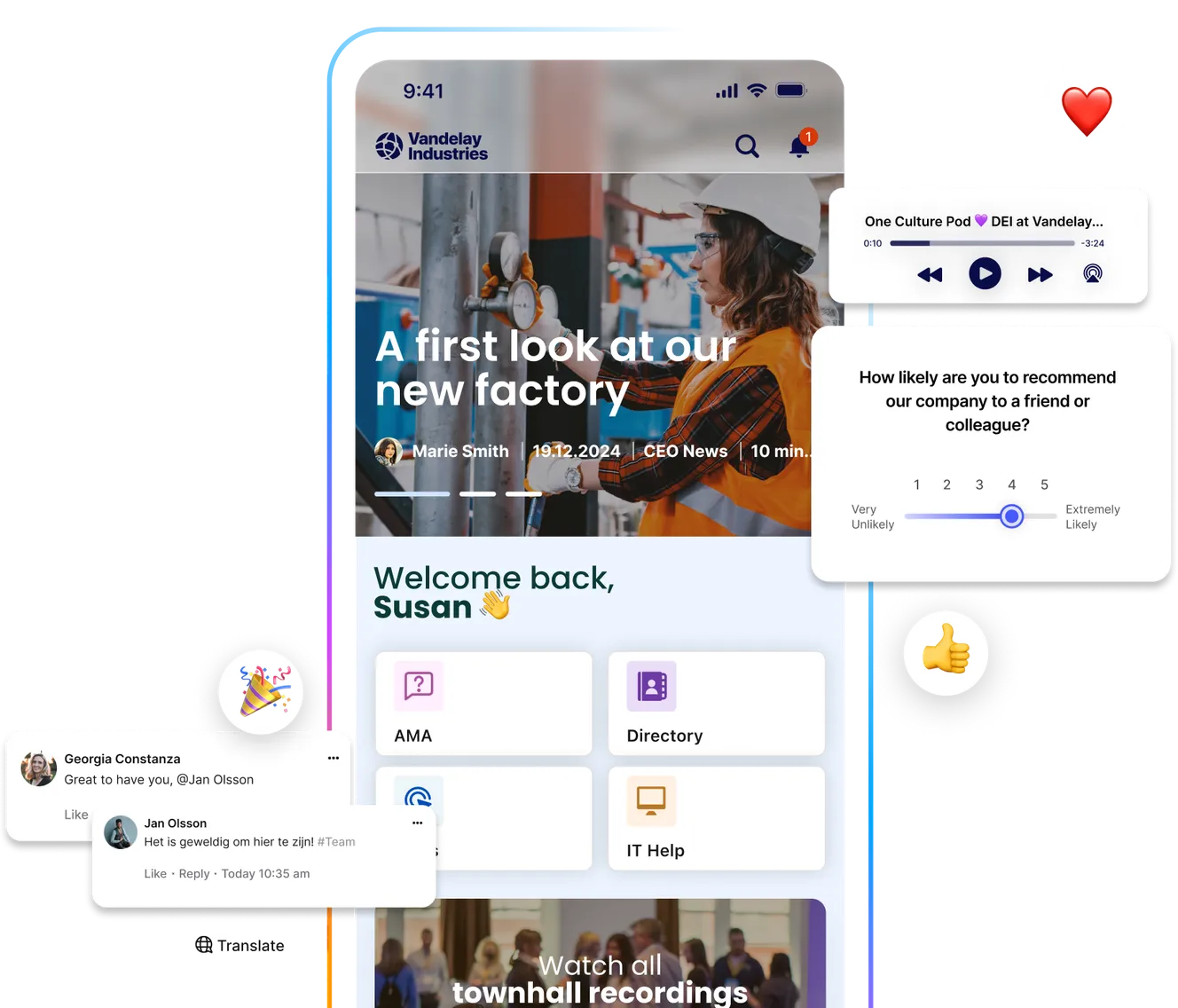 Mobile interface showing a company news app with a factory article, audio player, chat messages, and a feedback survey.