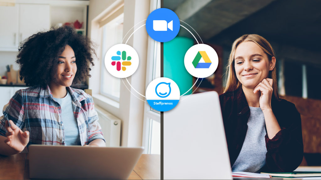 Two women in workplace settings and graphics for numerous workplace apps