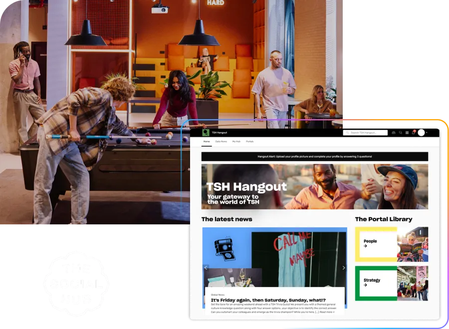 People playing pool in a lively room with a website screenshot of "TSH Hangout" featuring news and library sections.