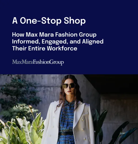 Woman in sunglasses and white coat stands confidently; text above discusses Max Mara Fashion Group's workforce strategy.