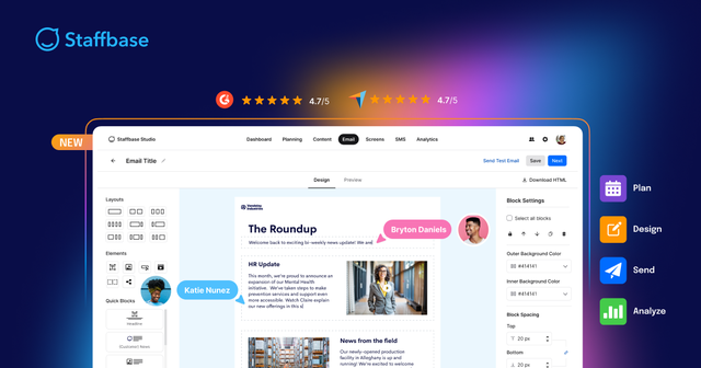 User interface of Staffbase email design tool, featuring a newsletter template, customization options, and ratings with stars at the top.