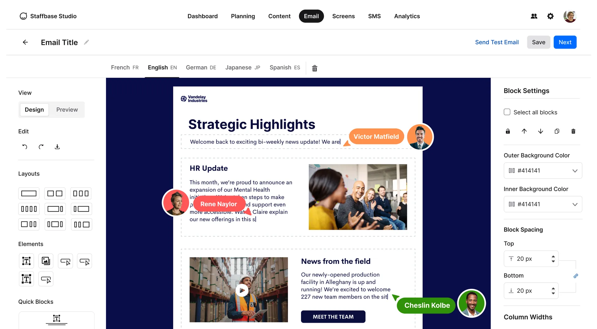 Email template editor displaying a newsletter with sections for strategic highlights, HR update, and news, featuring images and text editing options.