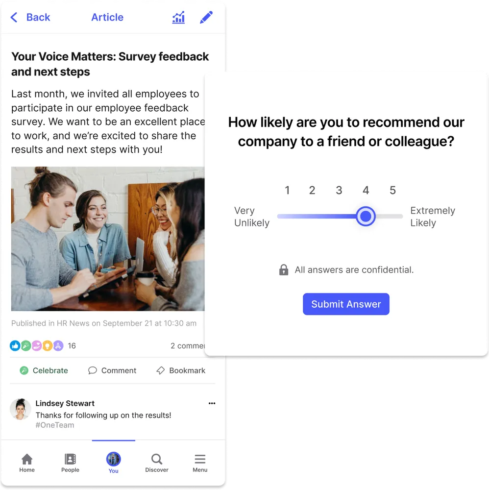 A survey feedback article with an image of colleagues talking and a survey question about recommending the company, rated 1 to 5.
