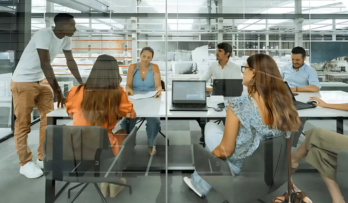 A diverse group of people in a modern office meeting room, discussing around a table with laptops and documents.