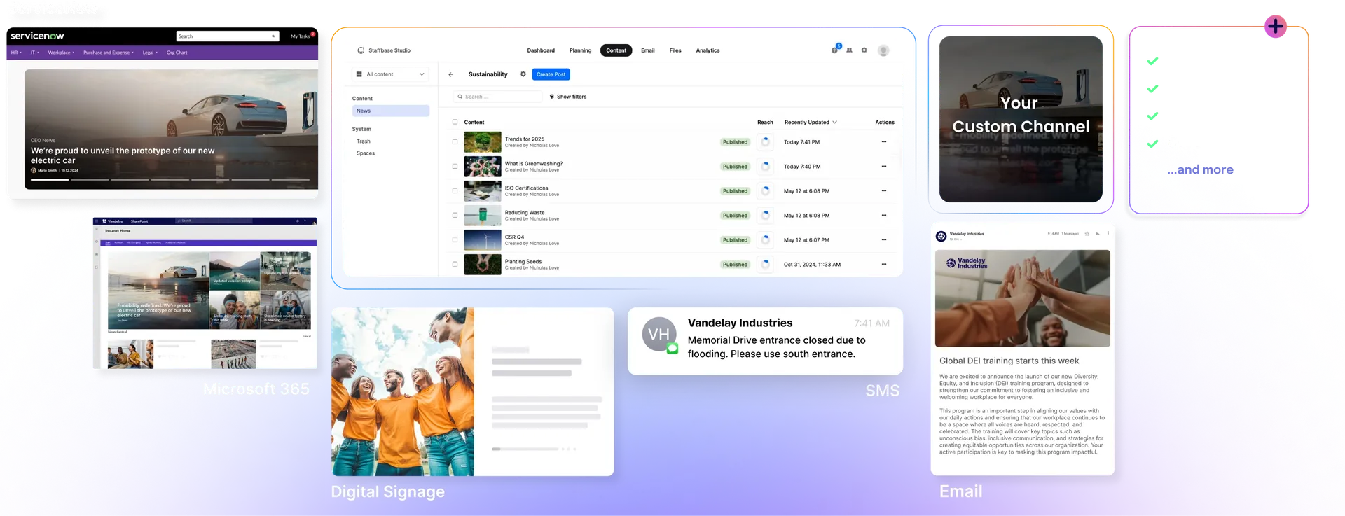 Collage of digital communication platforms, including Microsoft 365, digital signage, SMS, email, and a custom channel interface.