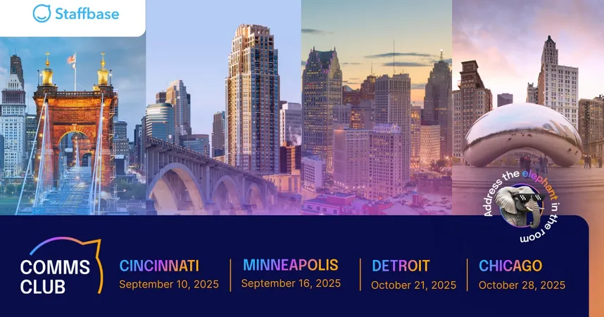 Split cityscape image featuring Cincinnati, Minneapolis, Detroit, and Chicago with event dates in 2025 for the Comms Club by Staffbase.