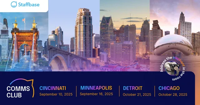 Split cityscape image featuring Cincinnati, Minneapolis, Detroit, and Chicago with event dates in 2025 for the Comms Club by Staffbase.