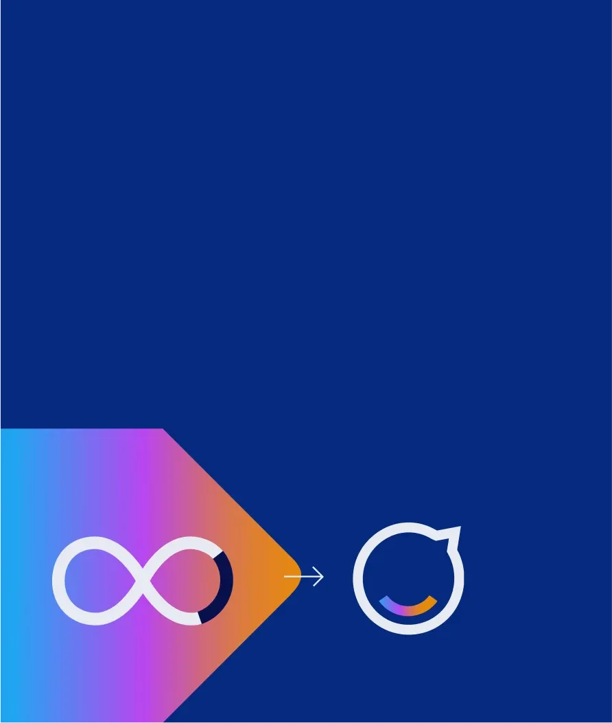 Gradient infinity symbol pointing to a circular arrow on a blue background, symbolizing transformation or progress.