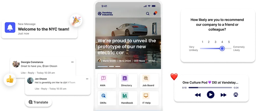Smartphone interface showing company updates, messages, survey, and podcast features. Includes a message welcoming someone to the NYC team.