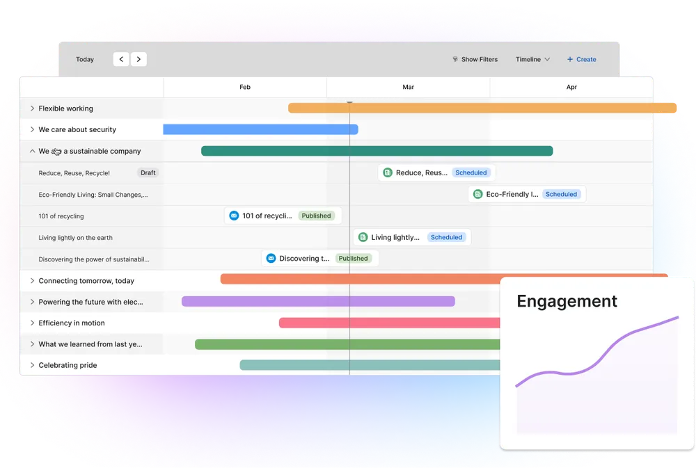 A project timeline with color-coded tasks from February to April, and a graph showing rising engagement.