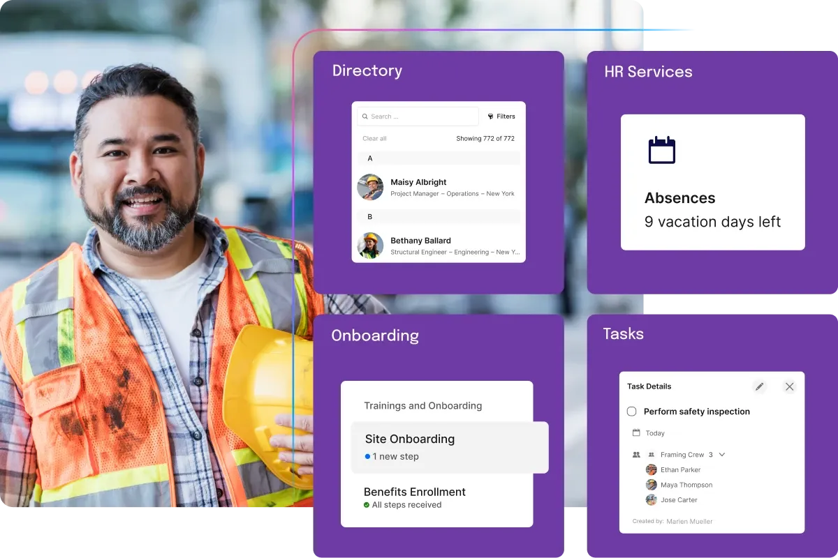 Smiling construction worker holding a yellow helmet, with digital interface showing directory, HR services, onboarding, and task details.