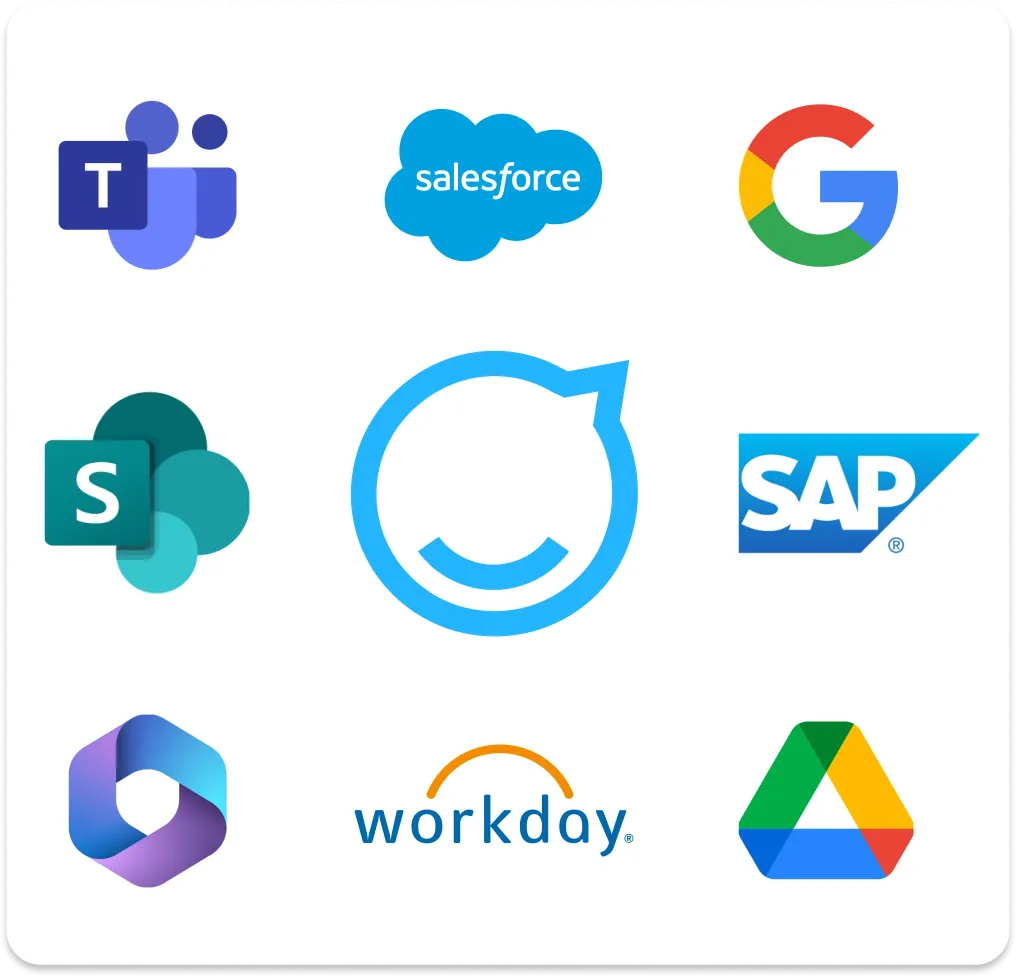 Logos of various companies and services, including Salesforce, Google, SAP, Workday, and others, arranged in a grid pattern.