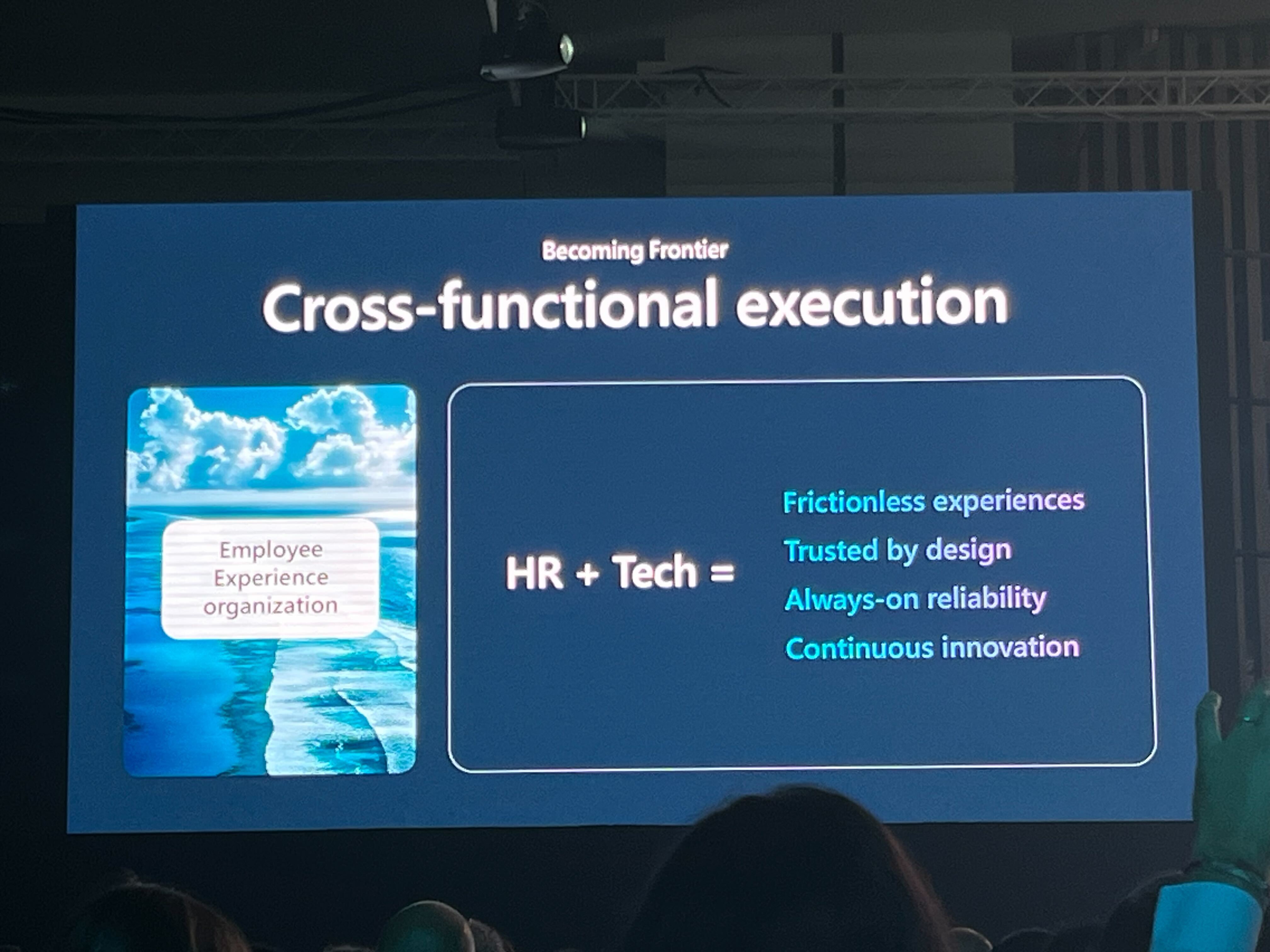 A Microsoft presentation slide at Unleash 2025 on the power of HR-Tech collaboration to drive a new model for employee experience.