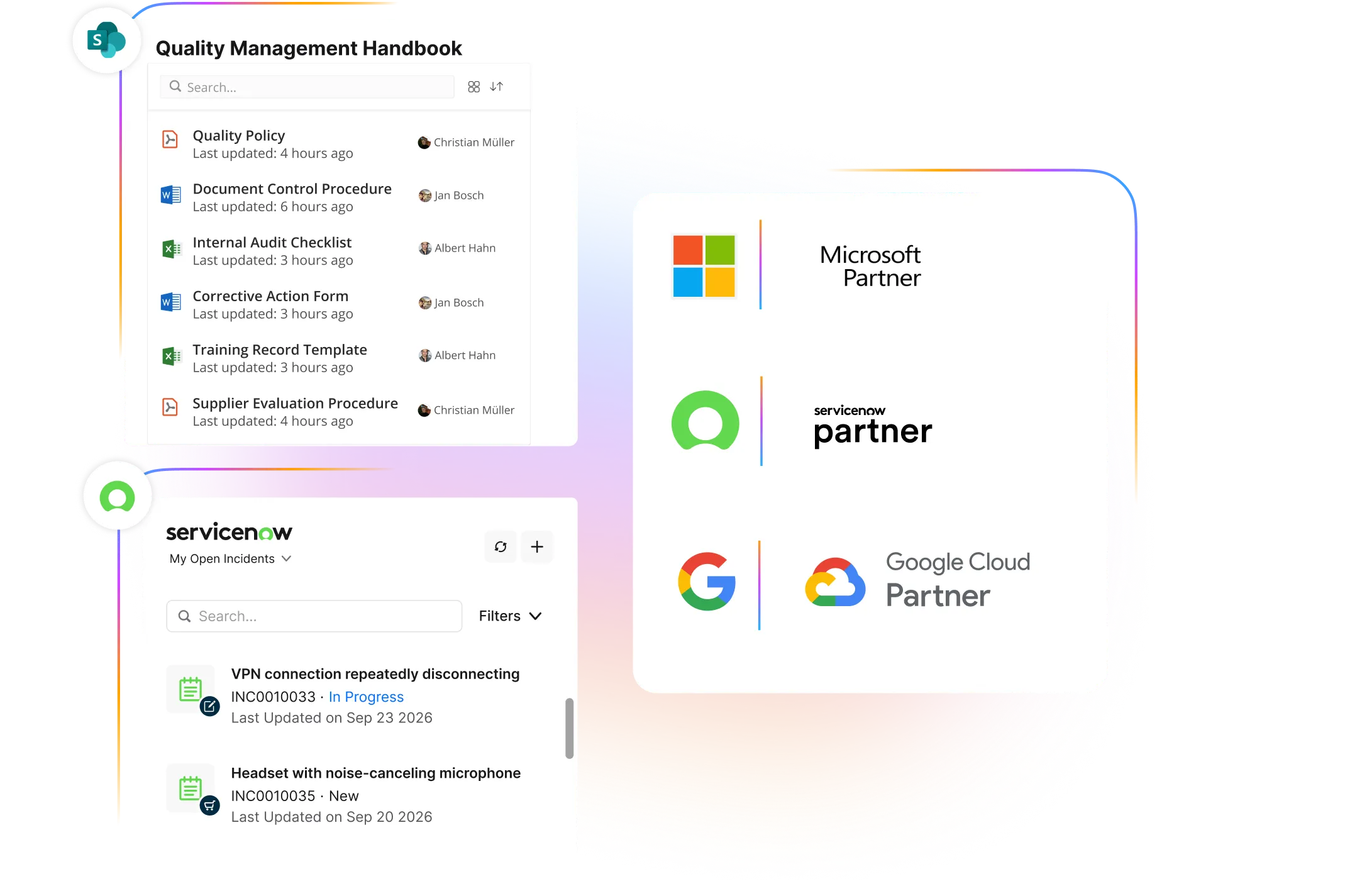 Interface showing a Quality Management Handbook, ServiceNow incidents, and partner logos for Microsoft, ServiceNow, and Google Cloud on a colorful background.