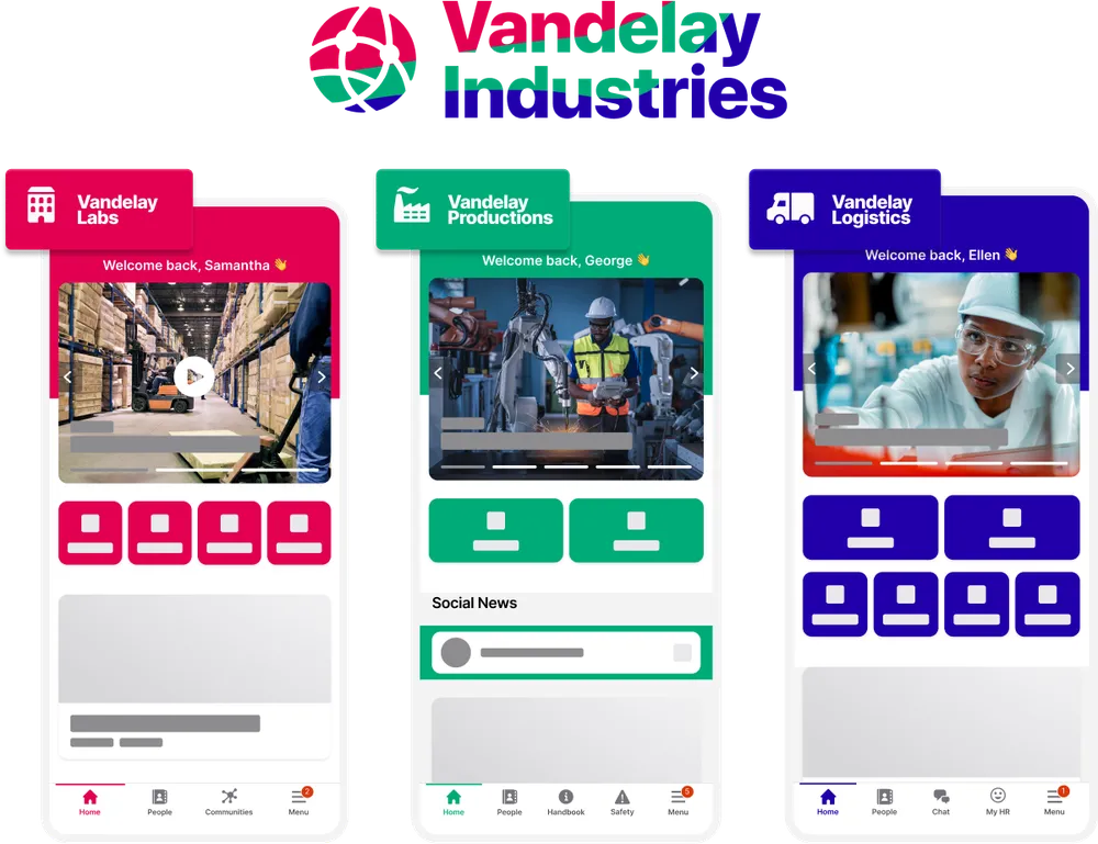 Three mobile app screens for Vandelay Industries: Labs, Productions, and Logistics, featuring welcome messages and various icons.