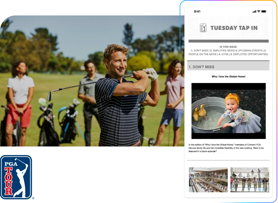 Golfer swinging a club with a group watching, next to a smartphone displaying a newsletter titled "Tuesday Tap In."