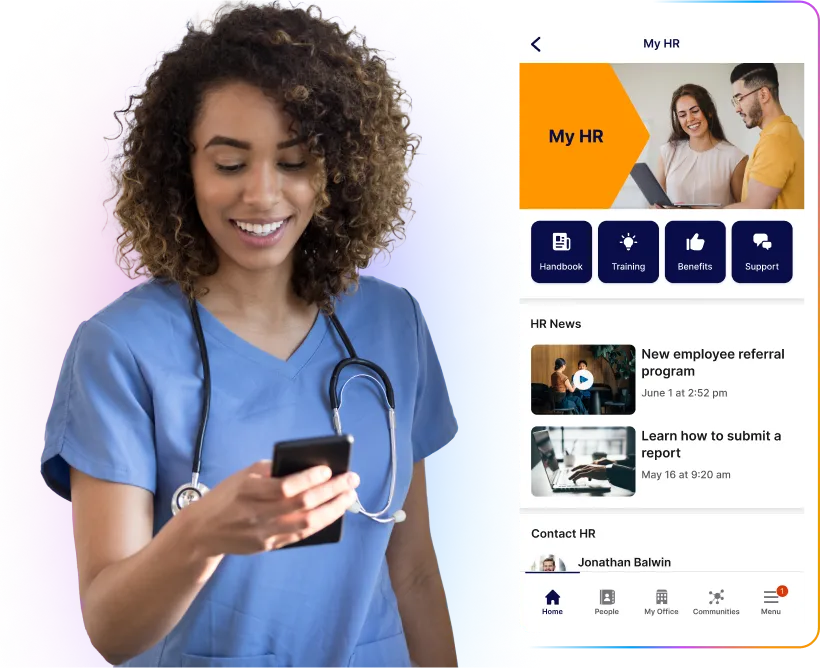 Smiling healthcare professional in scrubs checks phone; HR app interface with news and contact options displayed beside her.