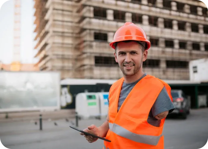Smiling construction worker in orange vest and hard hat holding a tablet at a building site, with an arm partially absent.