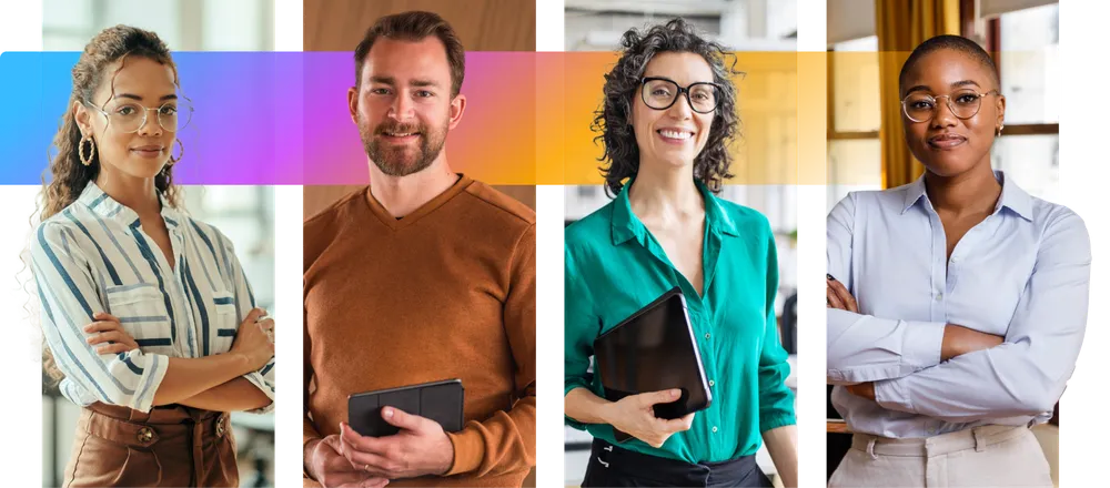 Four diverse professionals, two women and two men, stand confidently indoors, each holding a tablet or notebook, with a colorful gradient background.