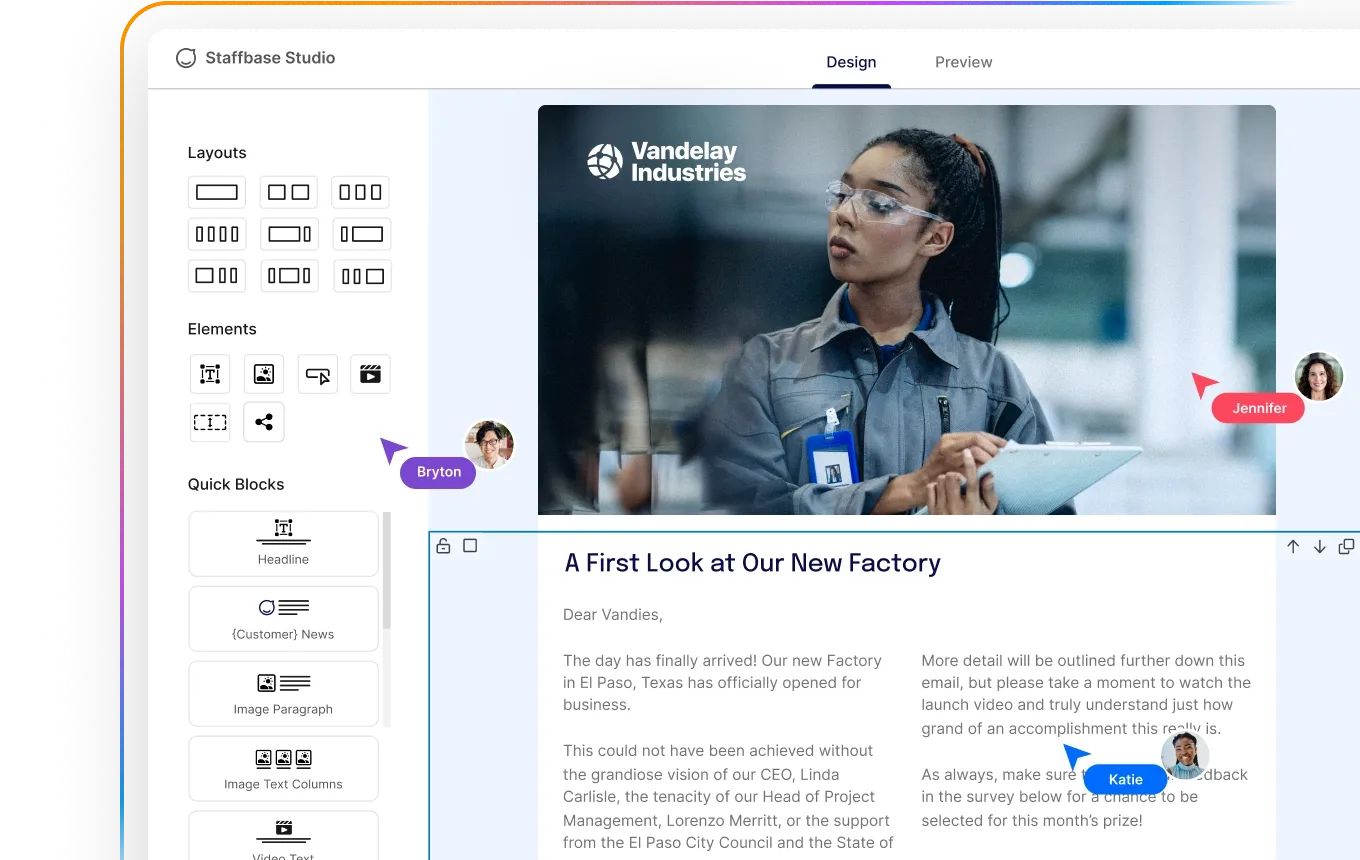 Screenshot of a design interface showing a webpage layout with a worker image, text blocks, and user comments labeled "Bryton," "Jennifer," and "Katie."