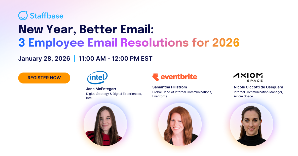 Webinar promotion image titled "New Year, Better Email: 3 Employee Email Resolutions for 2026" with speakers' names and logos.