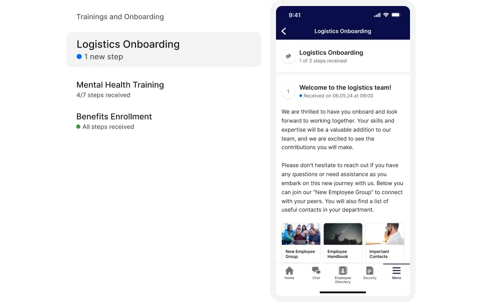 Mobile app showing a "Logistics Onboarding" screen with a welcome message and icons for resources like employee handbook and contacts.