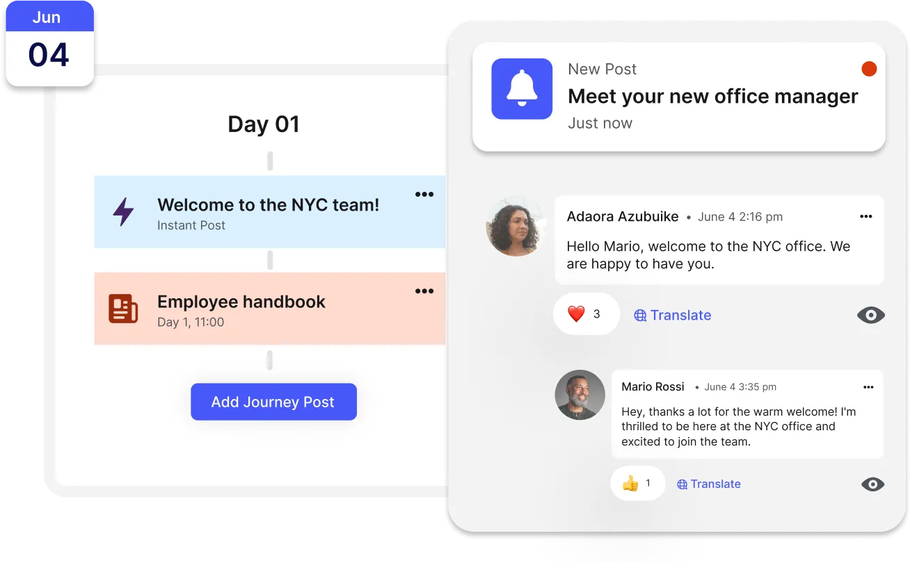 A digital interface showing a timeline with posts, including a welcome message for a new office manager and employee interactions.