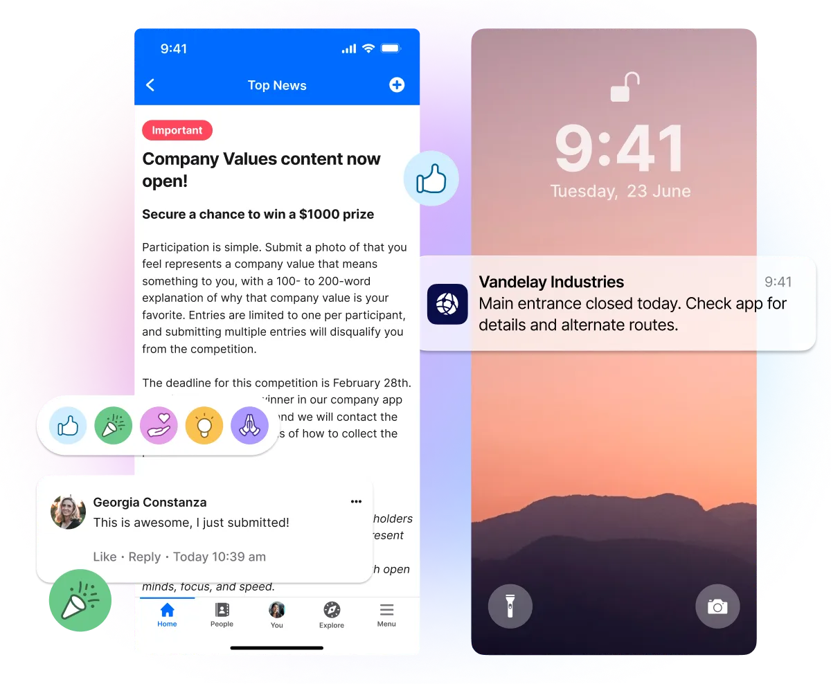 Smartphone screens showing a company app with a contest announcement, user comments, and a notification about a closed entrance on June 23.