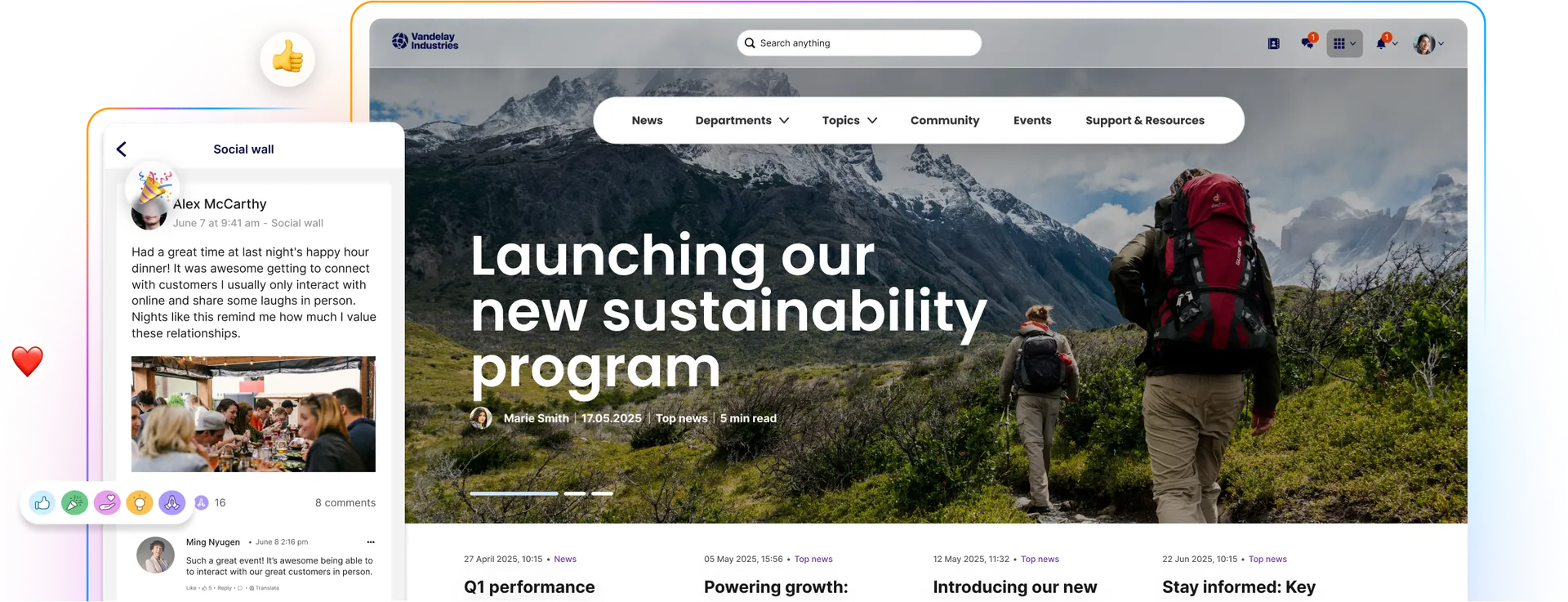 A webpage with a sustainability program banner, featuring hikers in mountains, and a sidebar with a social media post and image.