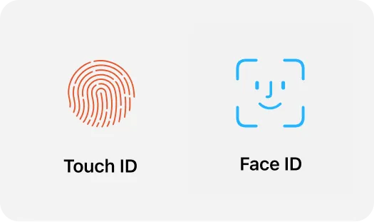 Touch ID icon with a fingerprint and Face ID icon with a smiling face outline, side by side on a white background.