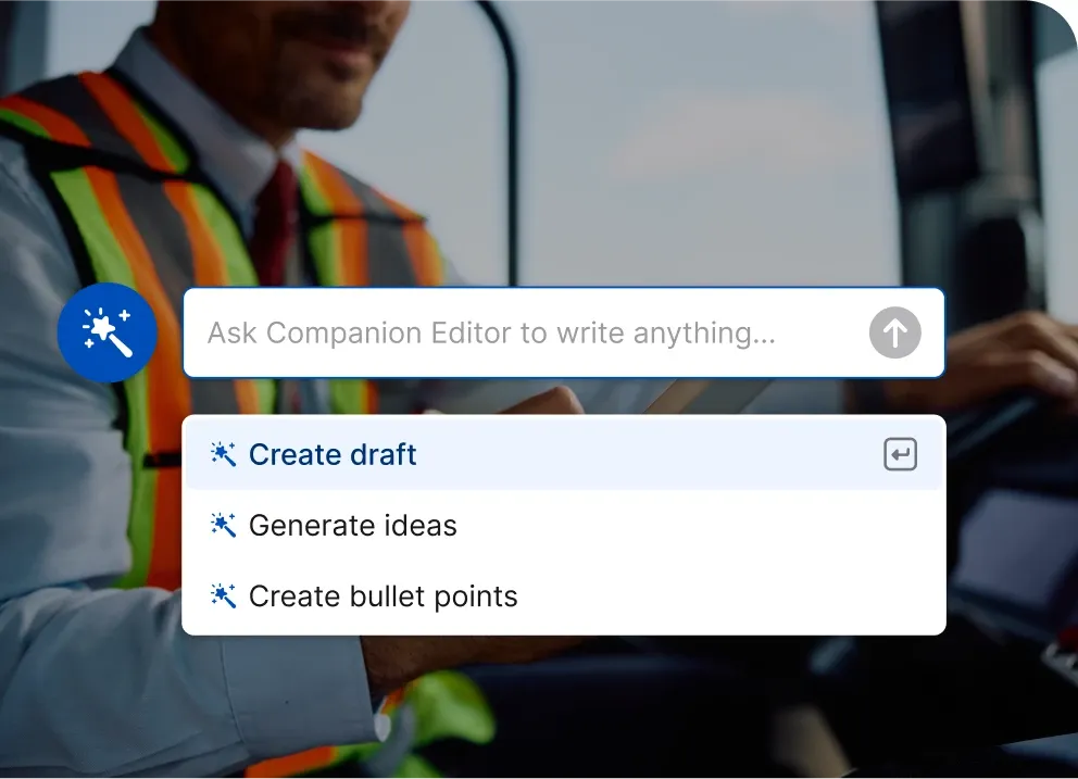A person in a safety vest uses a tablet with options for creating drafts, generating ideas, and creating bullet points displayed on the screen.