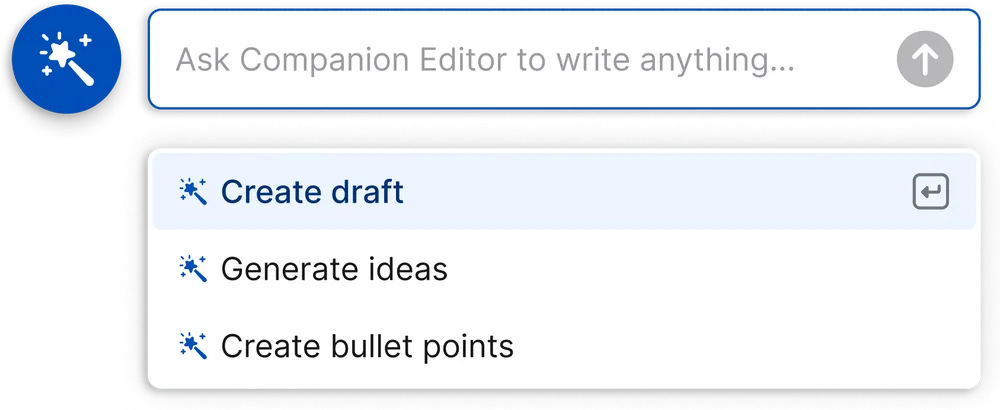 Menu with options: "Create draft," "Generate ideas," and "Create bullet points" under a search bar.