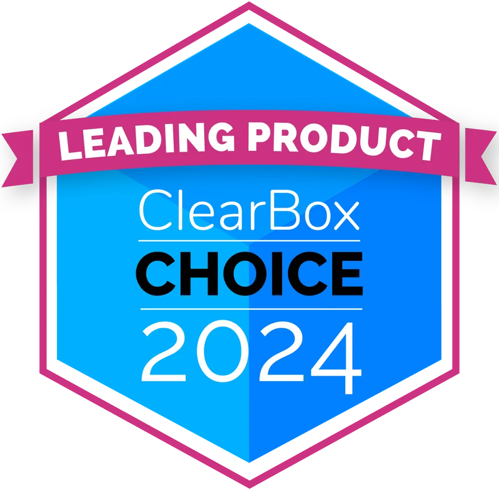 Badge with text: "Leading Product, ClearBox Choice 2024." Blue and pink geometric design with a ribbon at the top.