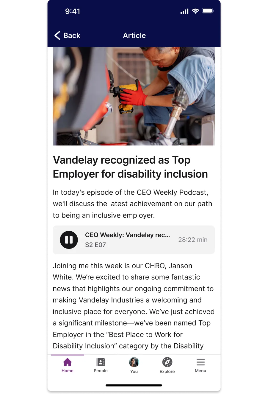 A podcast app screen showing an episode about Vandelay being recognized as a top employer for disability inclusion, with a person working in the image.