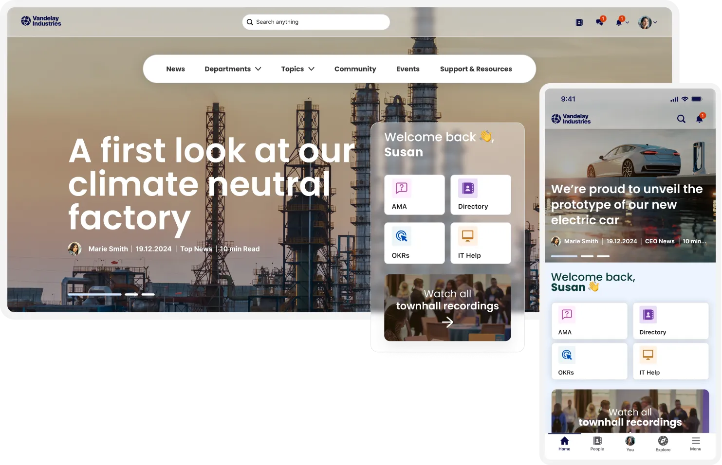 Responsive website and mobile interface showcasing a climate-neutral factory, user dashboard, and electric car prototype announcement.
