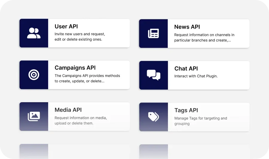 A grid of six labeled API cards: User, News, Campaigns, Chat, Media, and Tags, each with icons and brief descriptions.