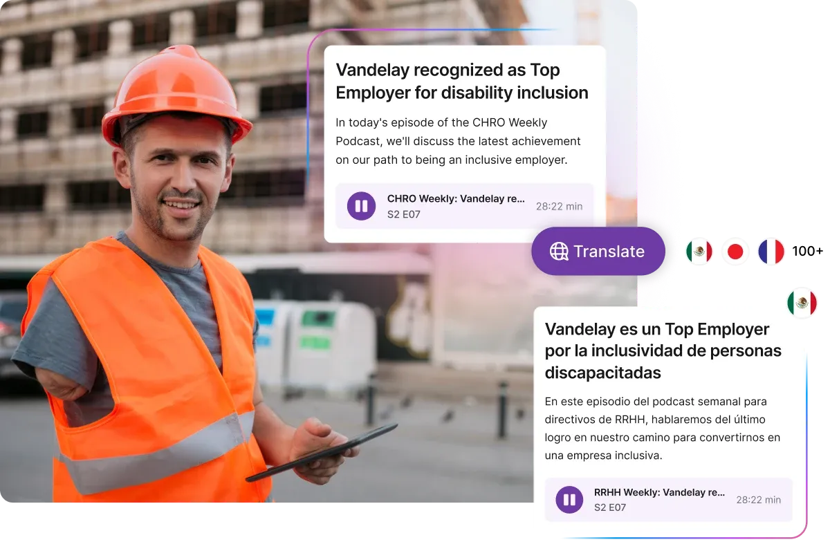 A construction worker in an orange vest and helmet holds a tablet. Overlay shows podcast episodes in English and Spanish about disability inclusion.