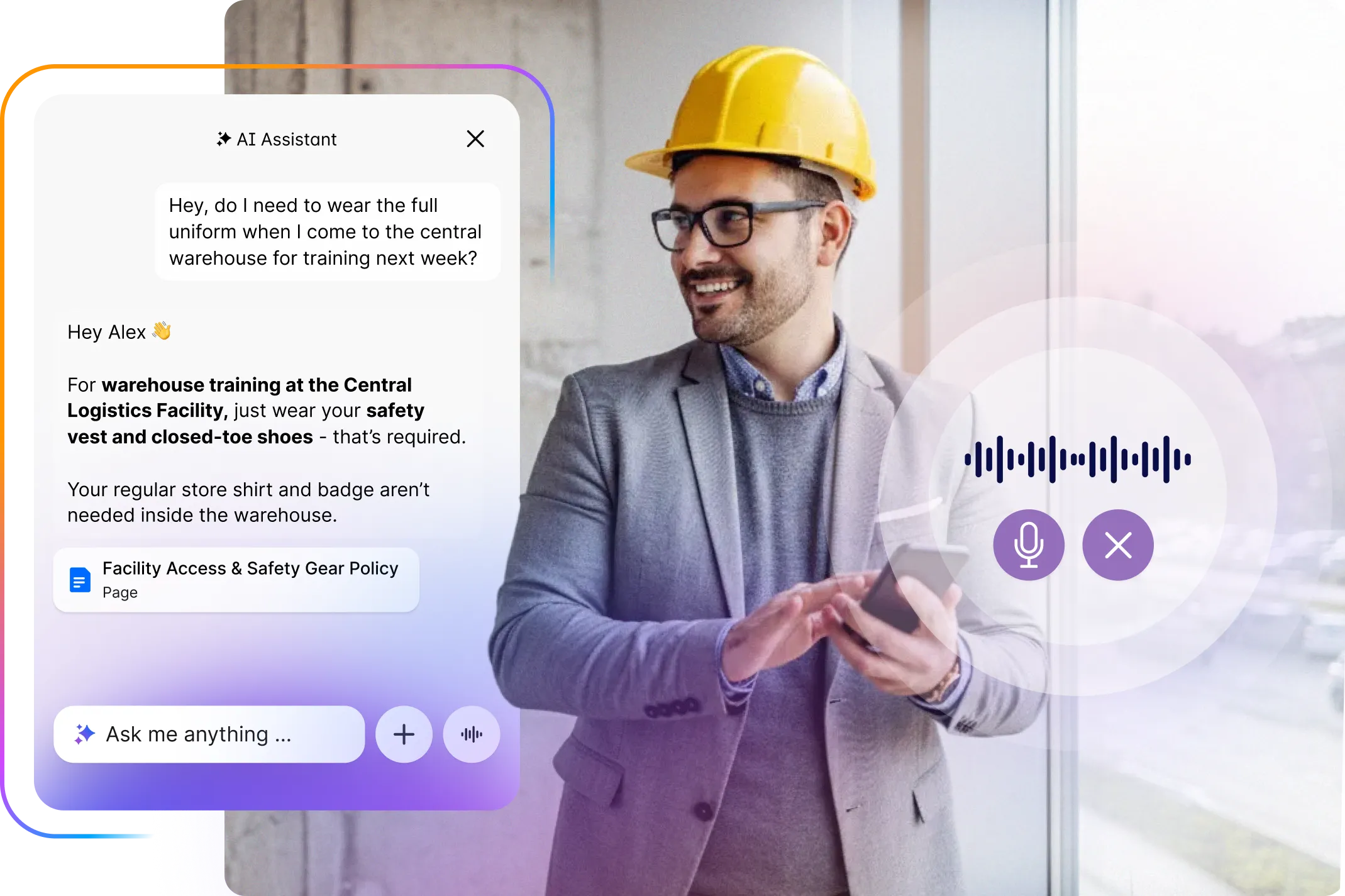 Man in a hard hat using a smartphone next to a digital assistant chat about warehouse safety gear requirements.
