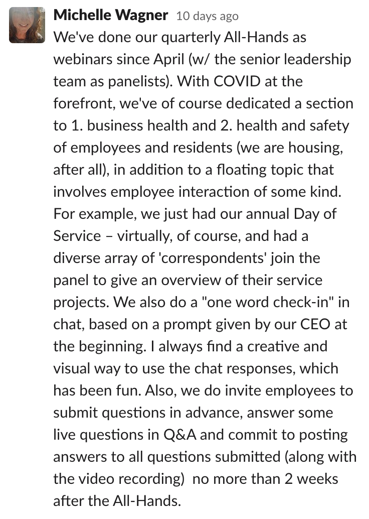Comms-unity suggestion from Michelle Wagner that says: