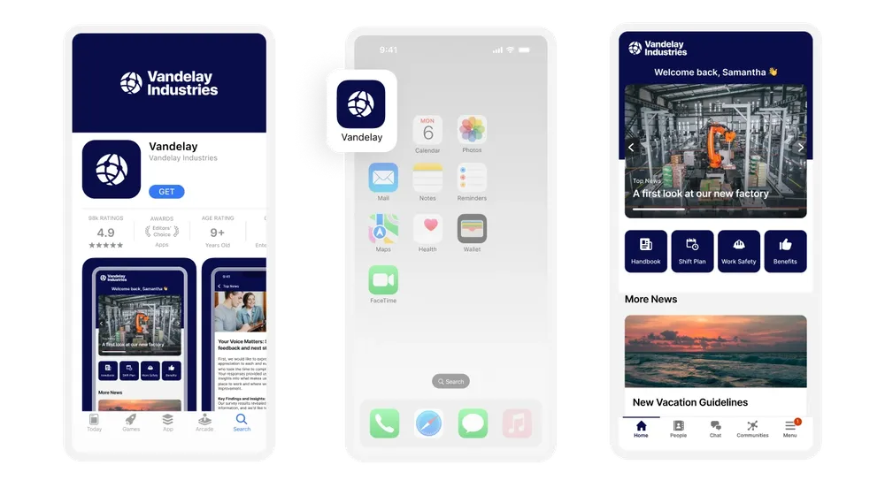 Three smartphone screens showing an app download page, home screen with app icon, and app interface with news and updates from Vandelay Industries.