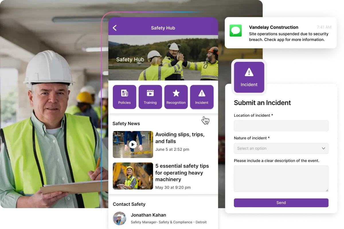 A construction worker holding a tablet displaying a safety app interface, with options for policies, training, and incident reporting.