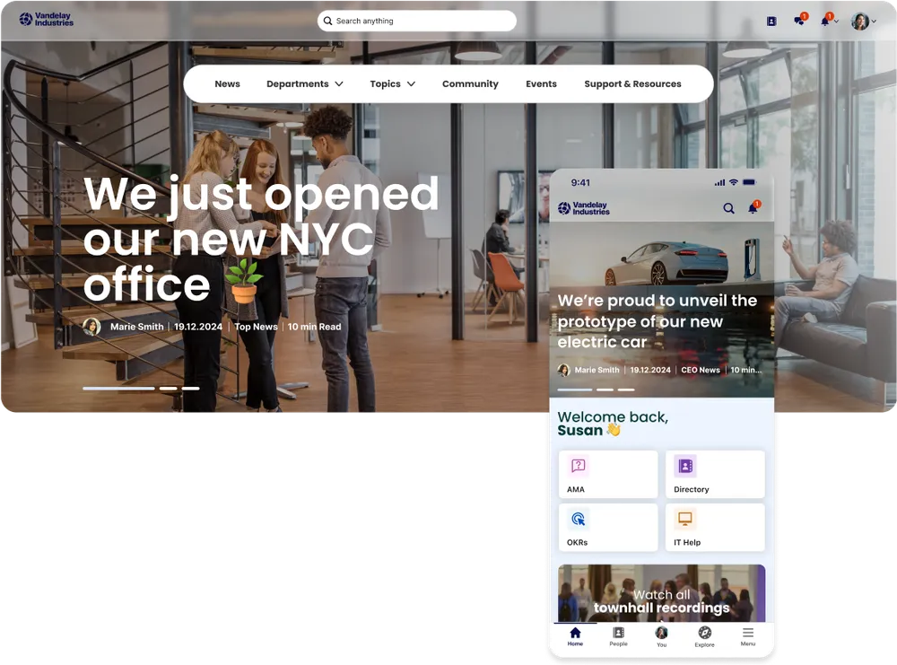 Website homepage showing an announcement of a new NYC office. A mobile view displays updates on a new electric car prototype.