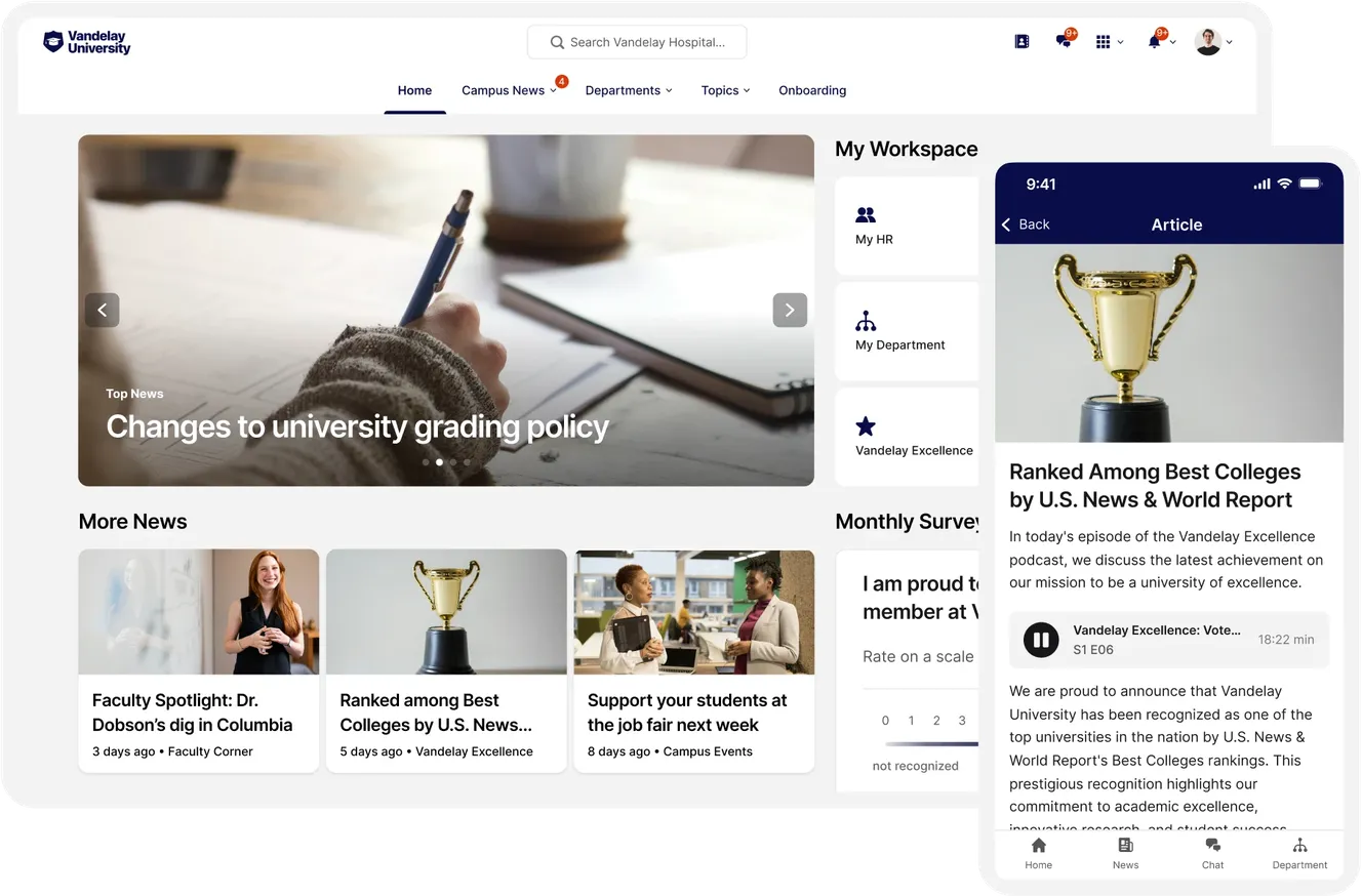 University portal showing news updates, including grading policy changes and a ranking announcement, with a trophy image on a mobile device.