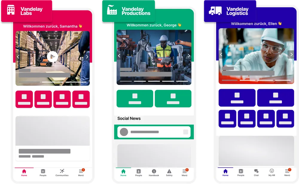 Three mobile app screens for Vandelay Labs, Productions, and Logistics, featuring welcome messages, images, icons, and navigation menus.