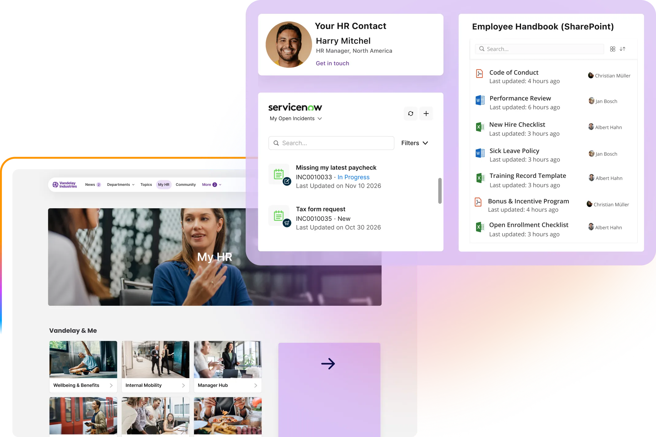 A digital dashboard displaying HR contacts, employee handbook links, and service tickets on a colorful, abstract background.
