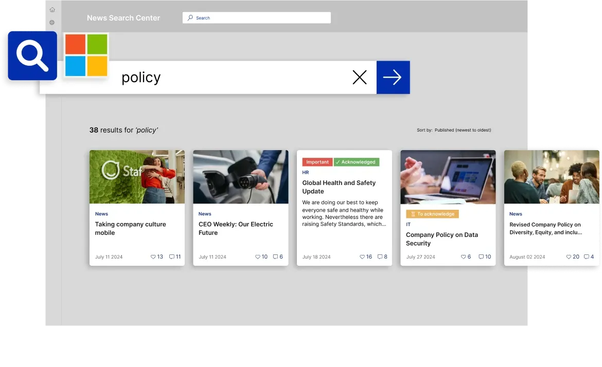 Search results for "policy" showing articles on company culture, electric future, health and safety, and data security.
