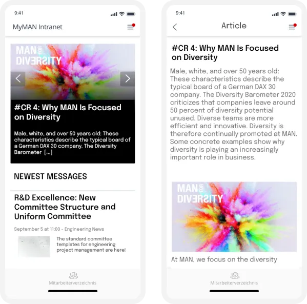 Mobile app interface showing an article titled "Why MAN Is Focused on Diversity" with colorful abstract graphics and a news section below.